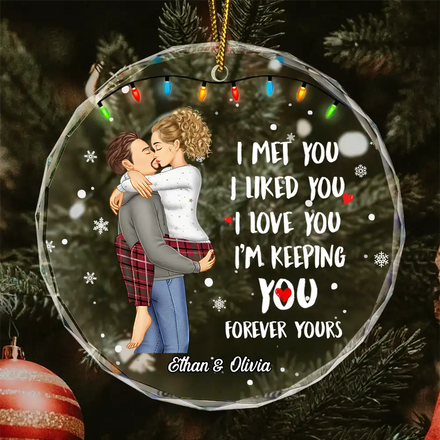 Christmas Couple Forever Yours - Personalized Circle Glass Ornament