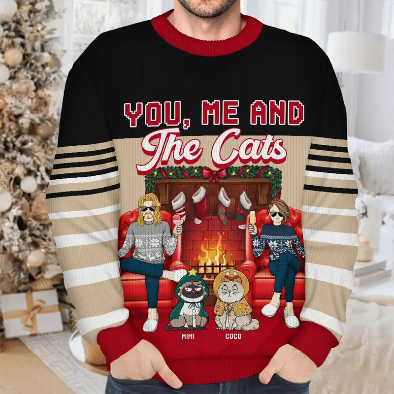 Gift For Couples, Cat Lovers, Pet Lovers, Cat Mom, Cat Dad - Fireplace You, Me And The Cat - Personalized Unisex Ugly Sweater