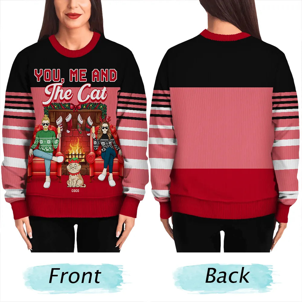 Gift For Couples, Cat Lovers, Pet Lovers, Cat Mom, Cat Dad - Fireplace You, Me And The Cat - Personalized Unisex Ugly Sweater