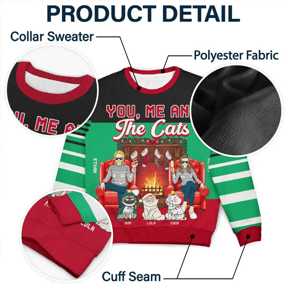 Gift For Couples, Cat Lovers, Pet Lovers, Cat Mom, Cat Dad - Fireplace You, Me And The Cat - Personalized Unisex Ugly Sweater