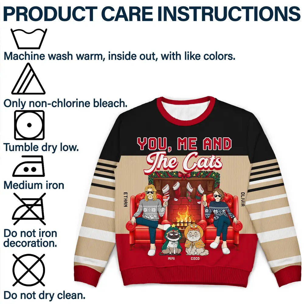 Gift For Couples, Cat Lovers, Pet Lovers, Cat Mom, Cat Dad - Fireplace You, Me And The Cat - Personalized Unisex Ugly Sweater
