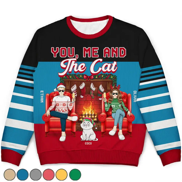 Gift For Couples, Cat Lovers, Pet Lovers, Cat Mom, Cat Dad - Fireplace You, Me And The Cat - Personalized Unisex Ugly Sweater
