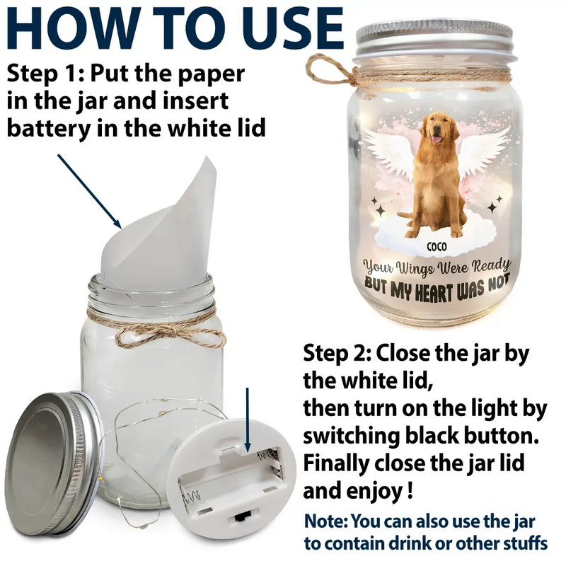 Memorial, Pet Lovers - Custom Photo Your Light Will Always Shine In My Heart - Personalized Mason Jar Light