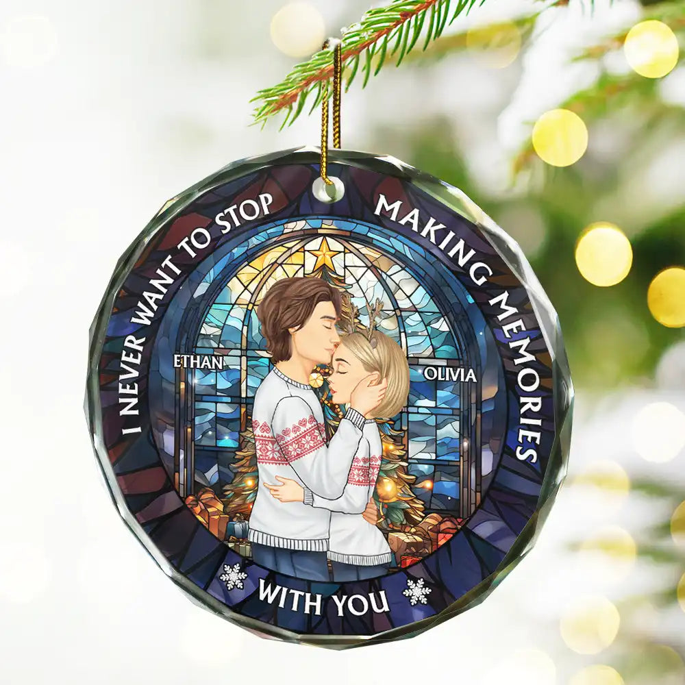 Gift For Couples - Couple Sideview Stained Glass Making Memories - Personalized Circle Glass Ornament