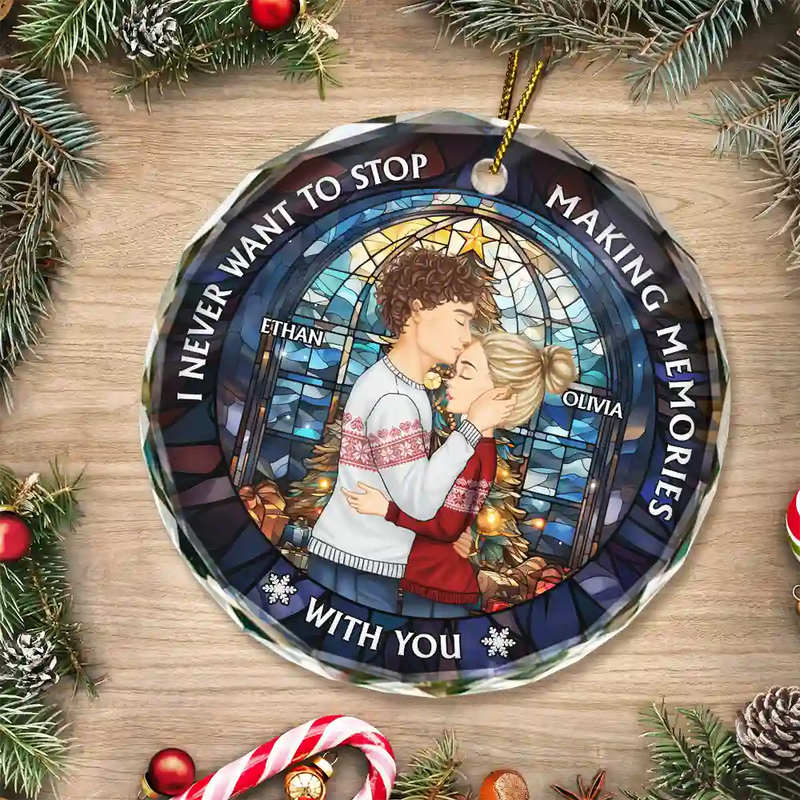 Gift For Couples - Couple Sideview Stained Glass Making Memories - Personalized Circle Glass Ornament