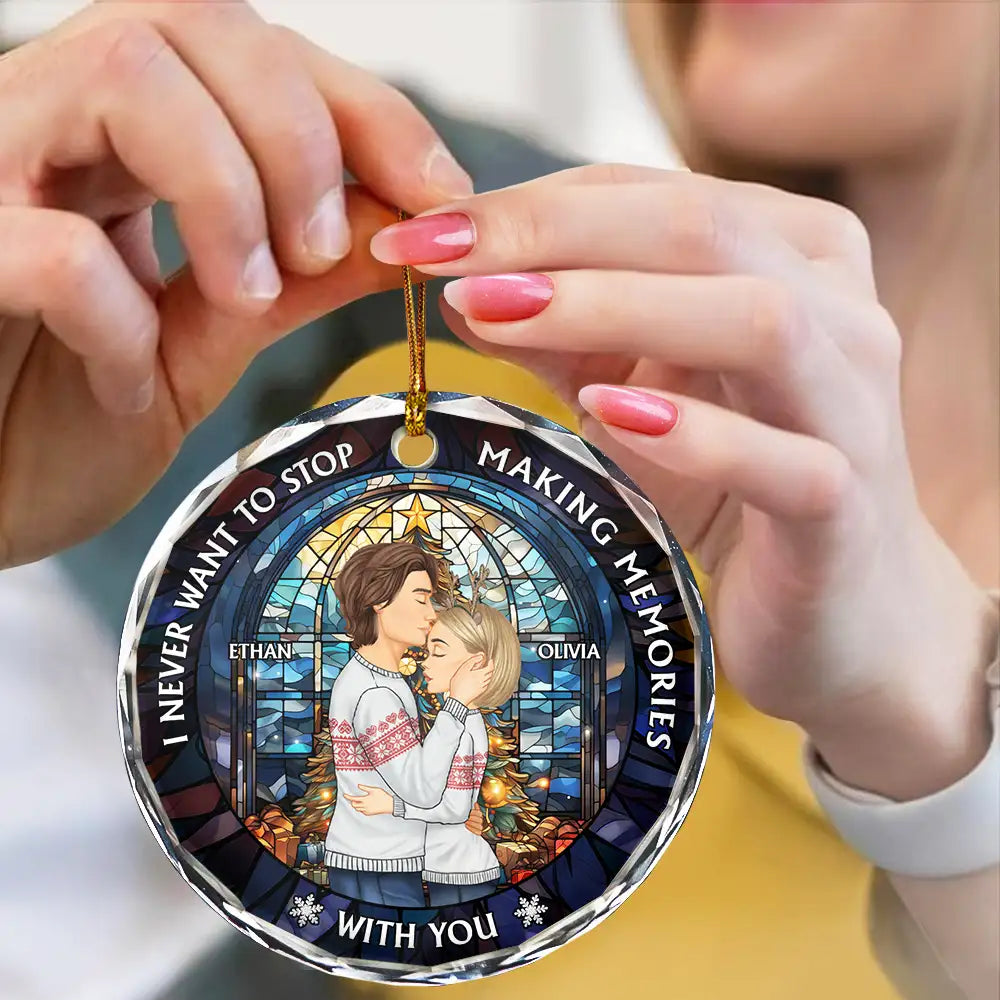 Gift For Couples - Couple Sideview Stained Glass Making Memories - Personalized Circle Glass Ornament