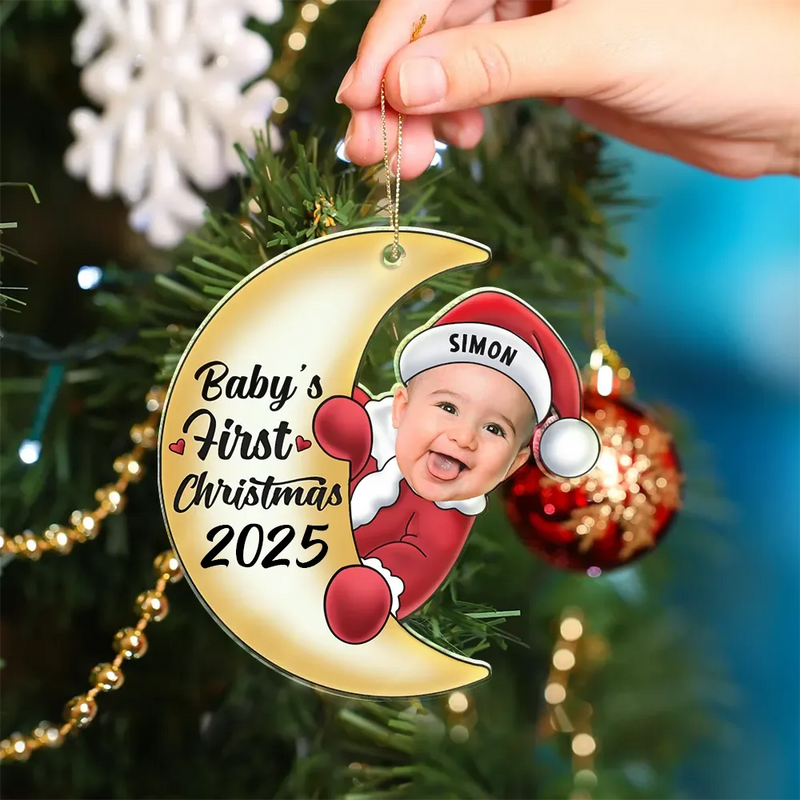Custom Photo Christmas Santa Baby On The Moon - Personalized Cutout Acrylic Ornament