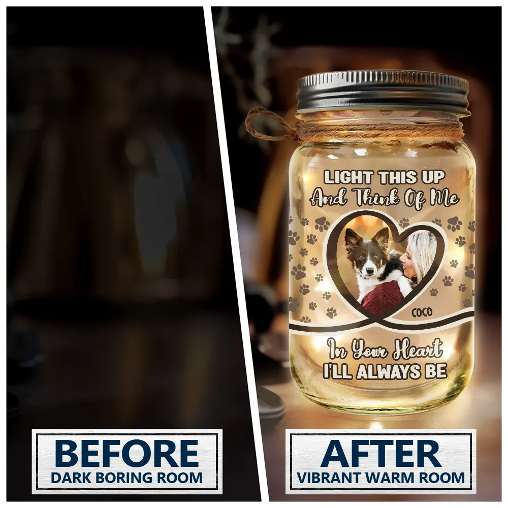 Custom Photo,Pet Lovers,Sad,Memorial - Custom Photo Light This Up And Think Of Me - Personalized Mason Jar Light