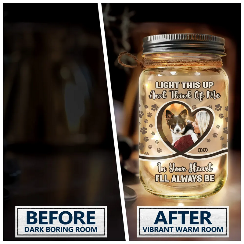 Custom Photo,Pet Lovers,Sad,Memorial - Custom Photo Light This Up And Think Of Me - Personalized Mason Jar Light