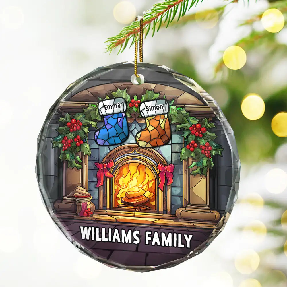 Family - Christmas Stocking On Fireplace Family - Personalized Circle Glass Ornament