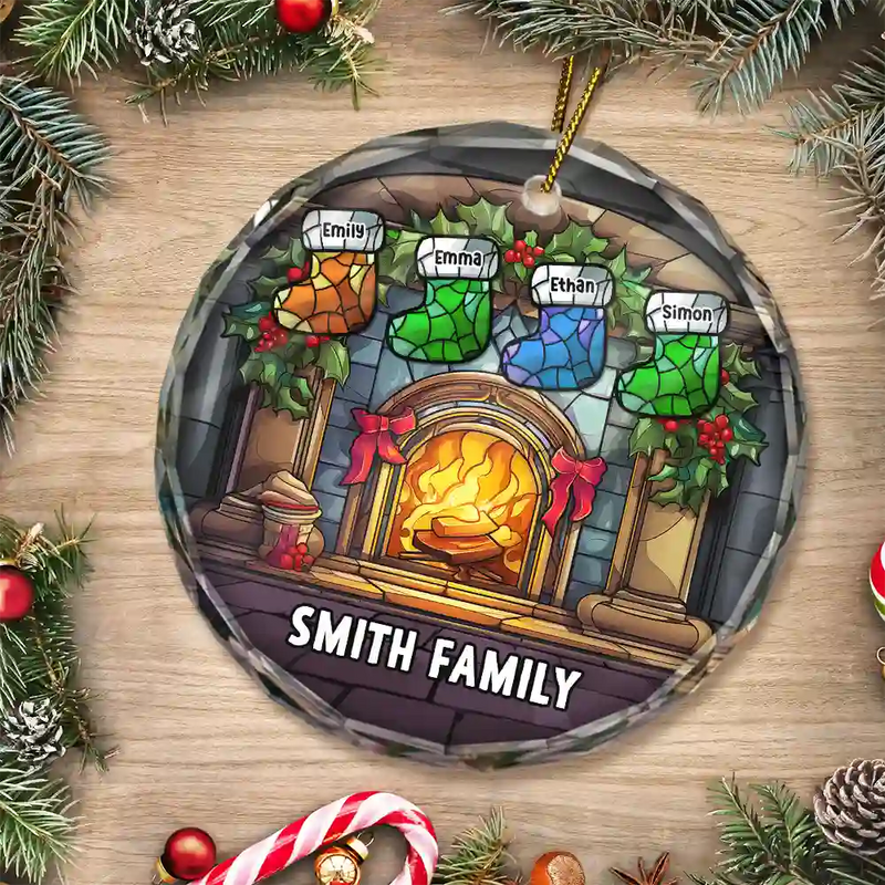 Family - Christmas Stocking On Fireplace Family - Personalized Circle Glass Ornament