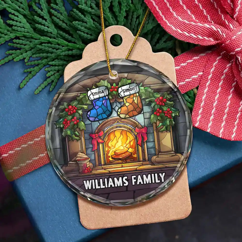 Family - Christmas Stocking On Fireplace Family - Personalized Circle Glass Ornament