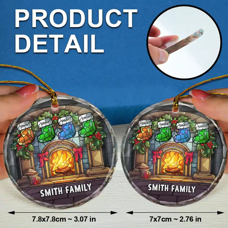 Family - Christmas Stocking On Fireplace Family - Personalized Circle Glass Ornament