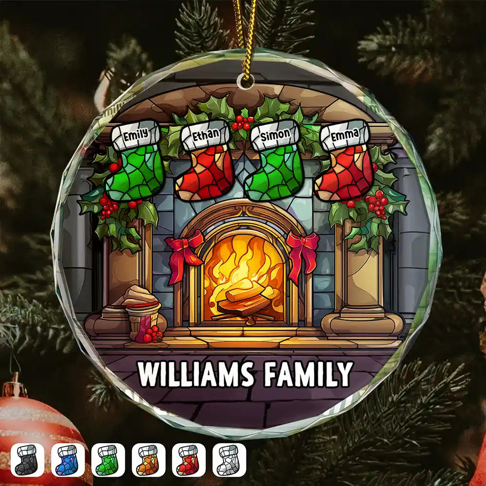 Christmas Stocking On Fireplace Family - Personalized Circle Glass Ornament