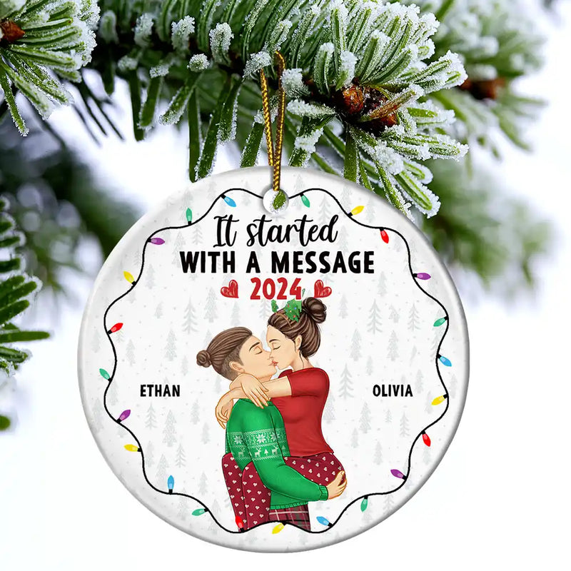 Gift For Couples - Christmas The Year We Swiped Right - Personalized Circle Ceramic Ornament