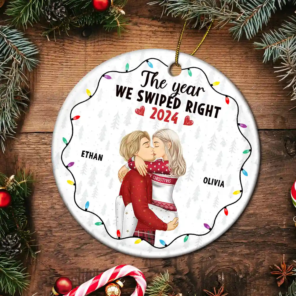 Gift For Couples - Christmas The Year We Swiped Right - Personalized Circle Ceramic Ornament