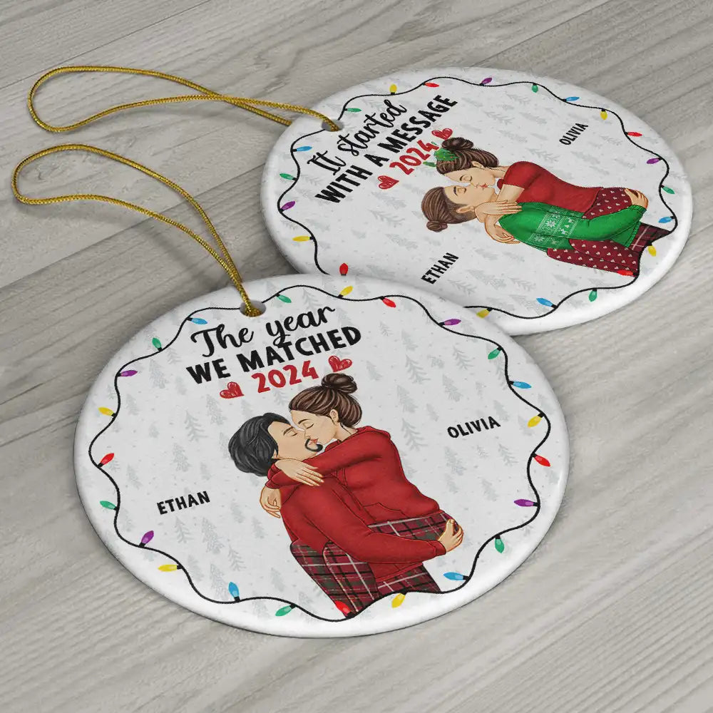 Gift For Couples - Christmas The Year We Swiped Right - Personalized Circle Ceramic Ornament