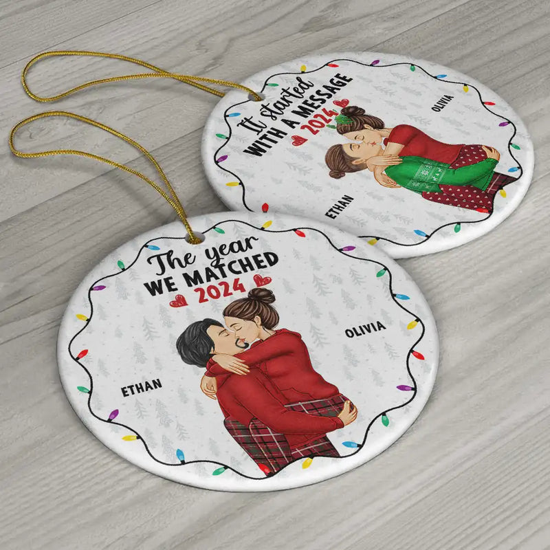 Gift For Couples - Christmas The Year We Swiped Right - Personalized Circle Ceramic Ornament