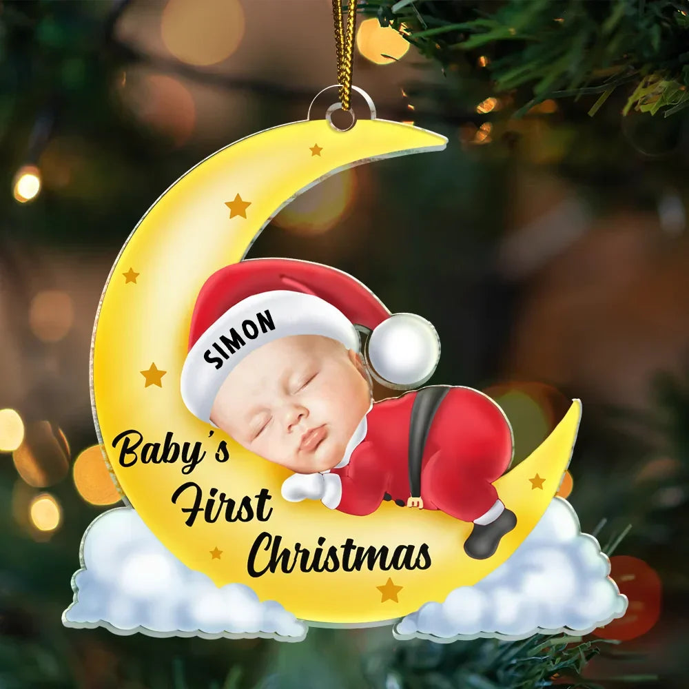 New baby - Custom Photo Christmas Baby Sleeping On The Moon - Personalized Cutout Acrylic Ornament