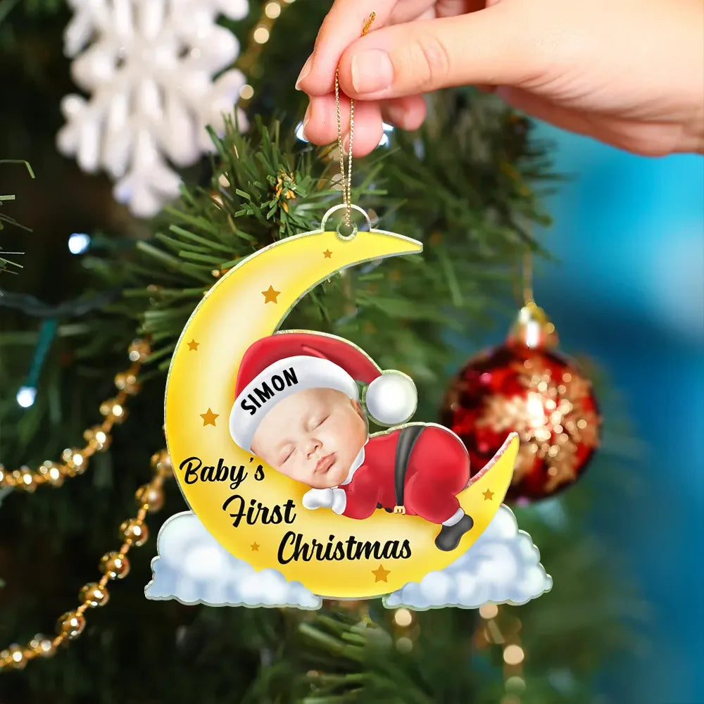New baby - Custom Photo Christmas Baby Sleeping On The Moon - Personalized Cutout Acrylic Ornament