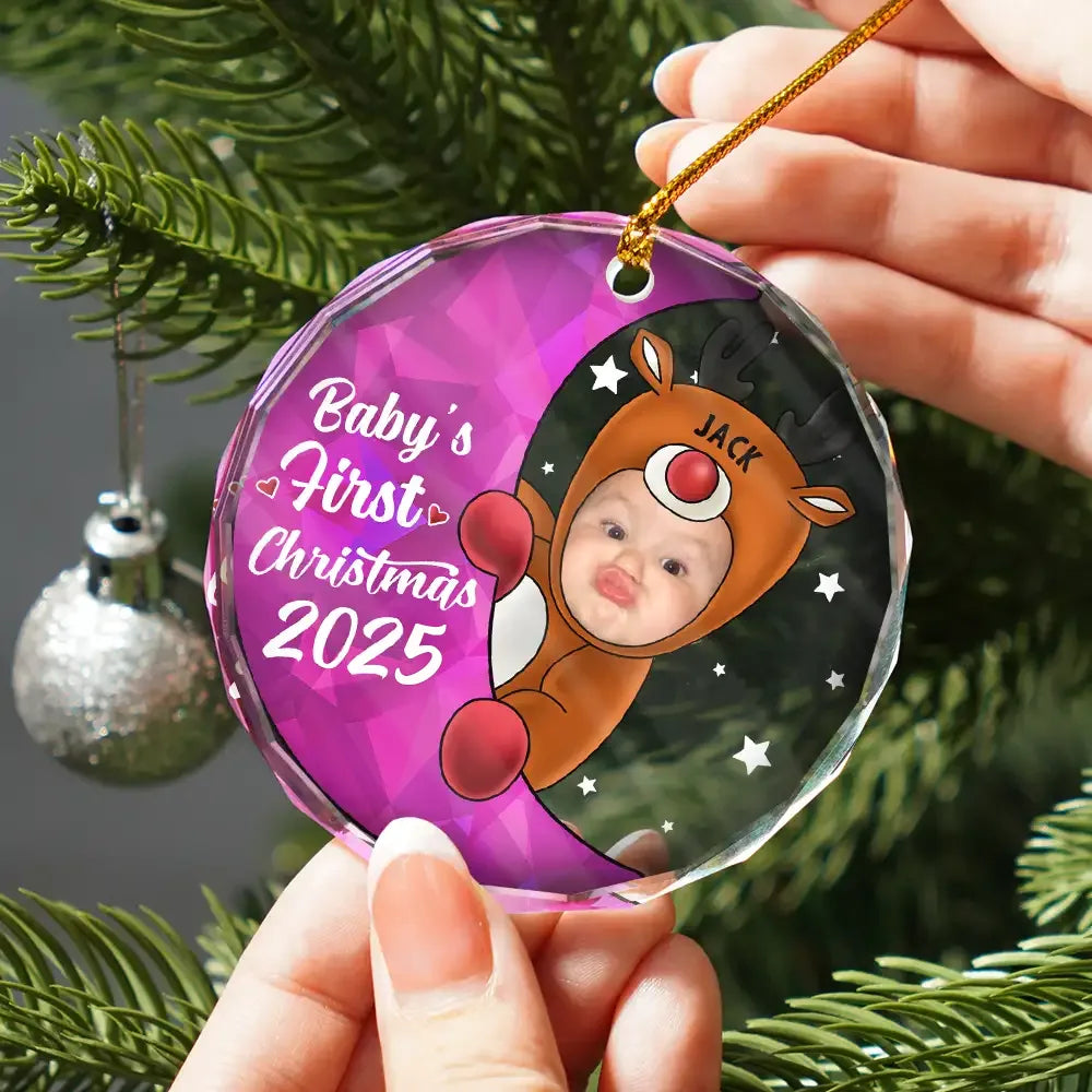 New baby - Custom Photo Christmas Santa Baby - Personalized Circle Glass Ornament