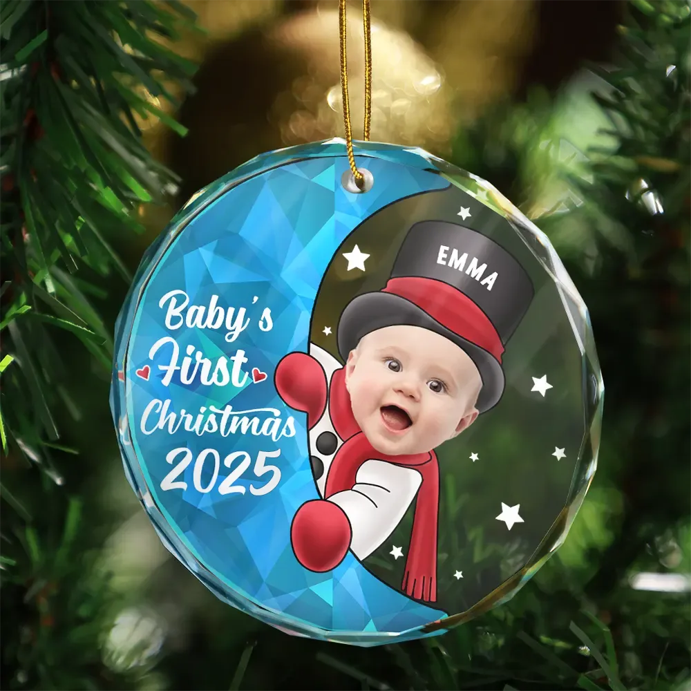 New baby - Custom Photo Christmas Santa Baby - Personalized Circle Glass Ornament
