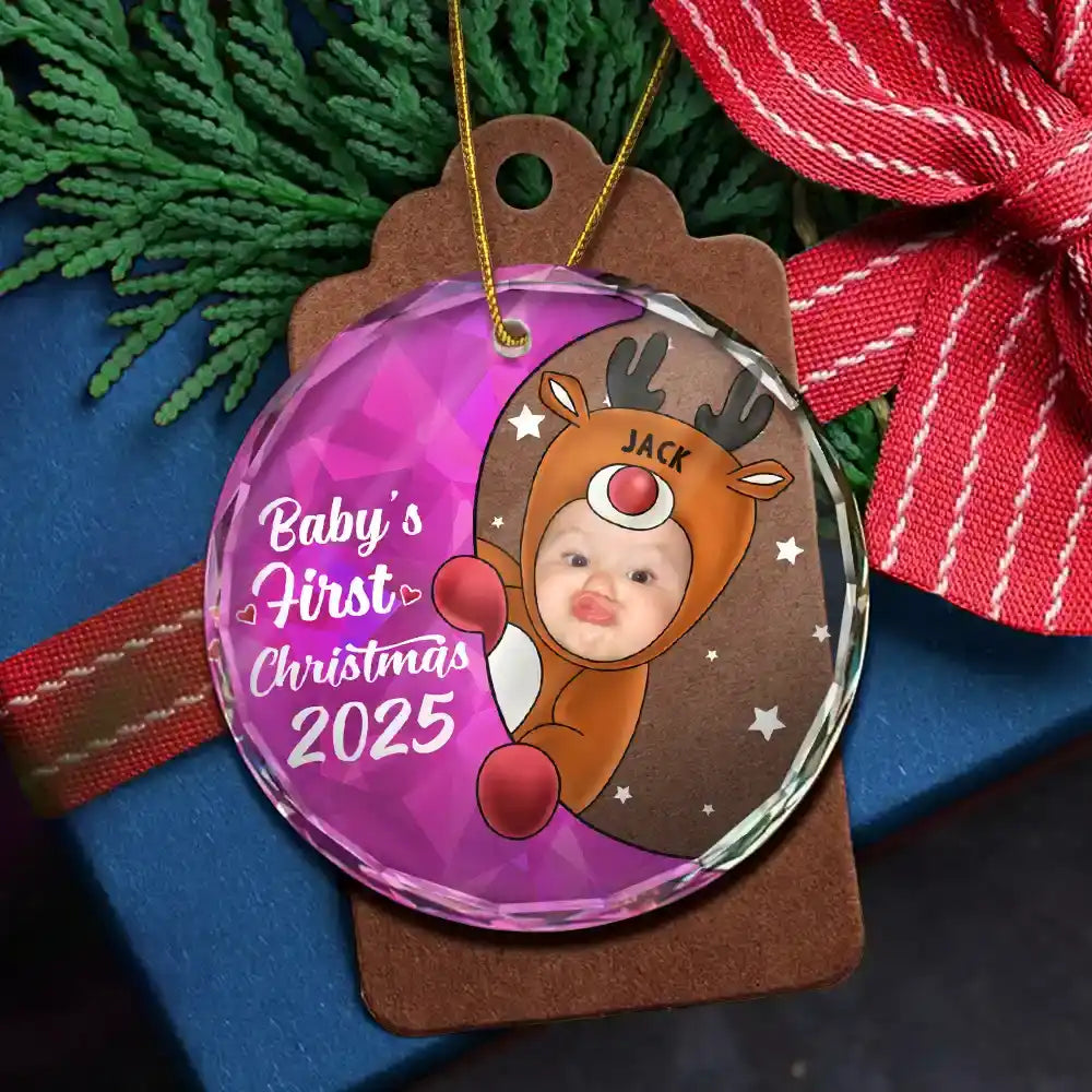 New baby - Custom Photo Christmas Santa Baby - Personalized Circle Glass Ornament