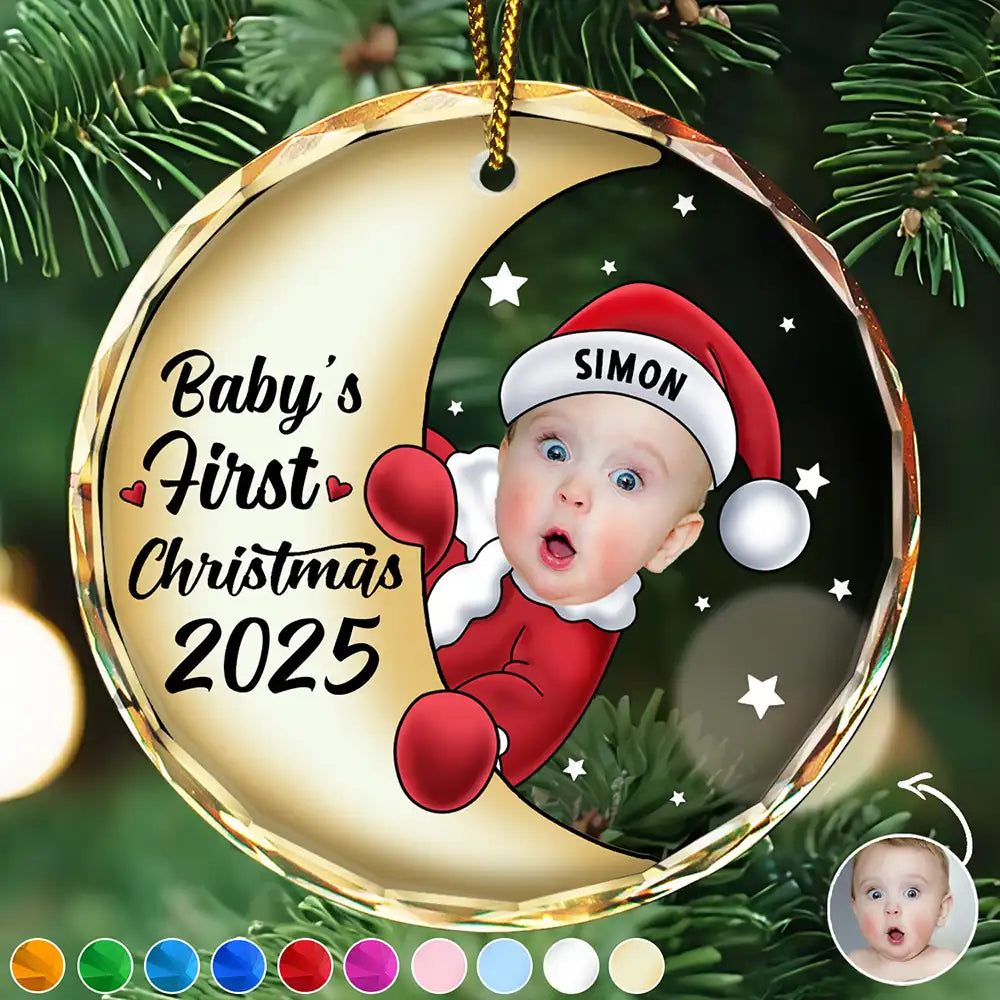 New baby - Custom Photo Christmas Santa Baby - Personalized Circle Glass Ornament