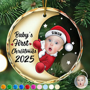 New baby - Custom Photo Christmas Santa Baby - Personalized Circle Glass Ornament
