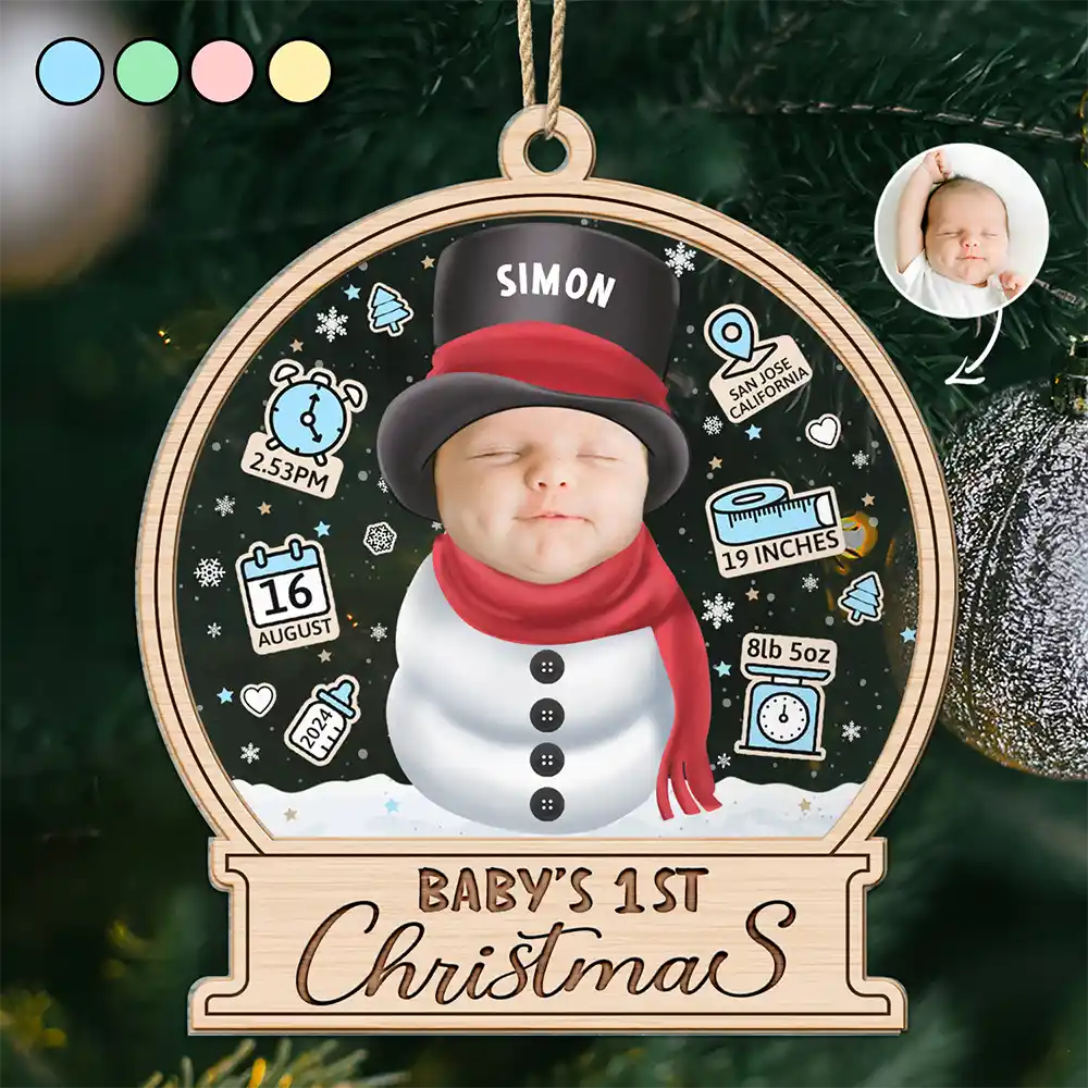 Custom Photo Little Snowman Baby Birth Stats - Personalized 2-Layered Mix Ornament