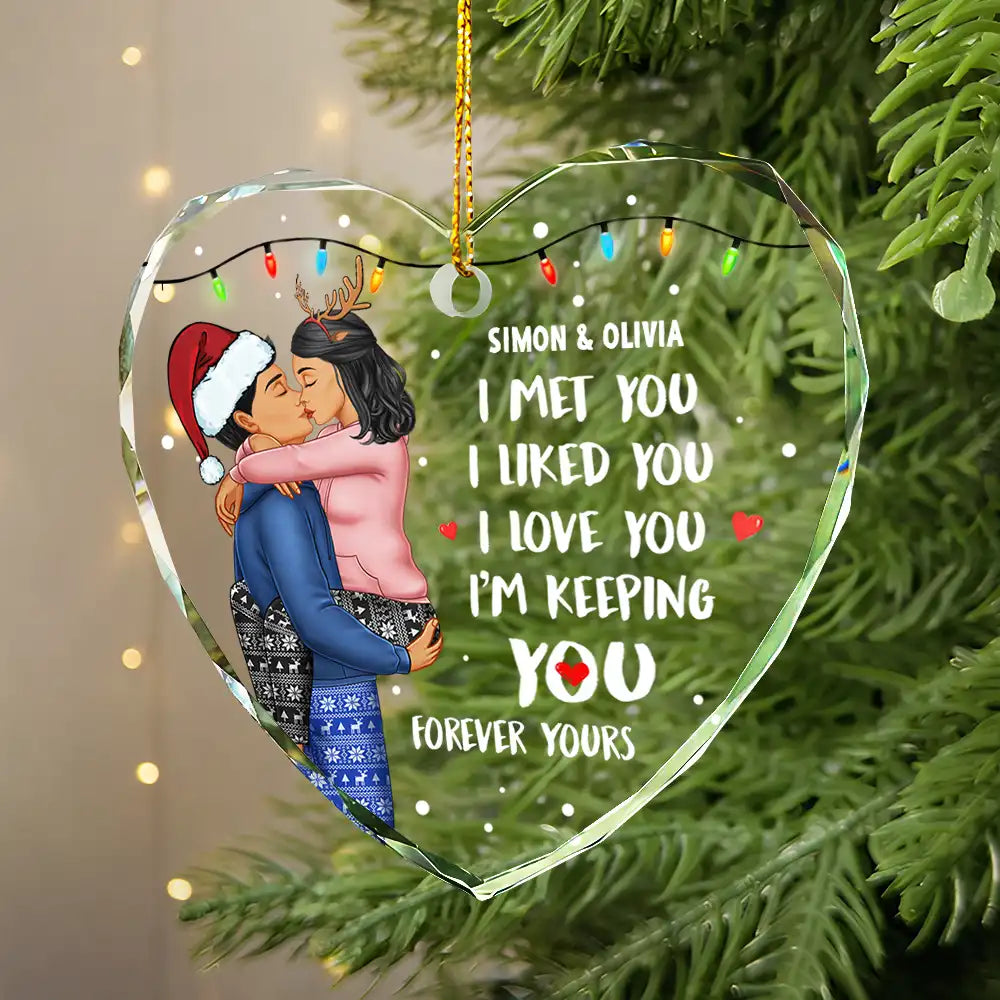 Christmas,Gift For Couples,Gift For Husband,Gift For Wife,Gift For Boyfriend,Gift For Girlfriend,Happy - Christmas Couple Kissing Forever Yours - Personalized Heart Shaped Glass Ornament