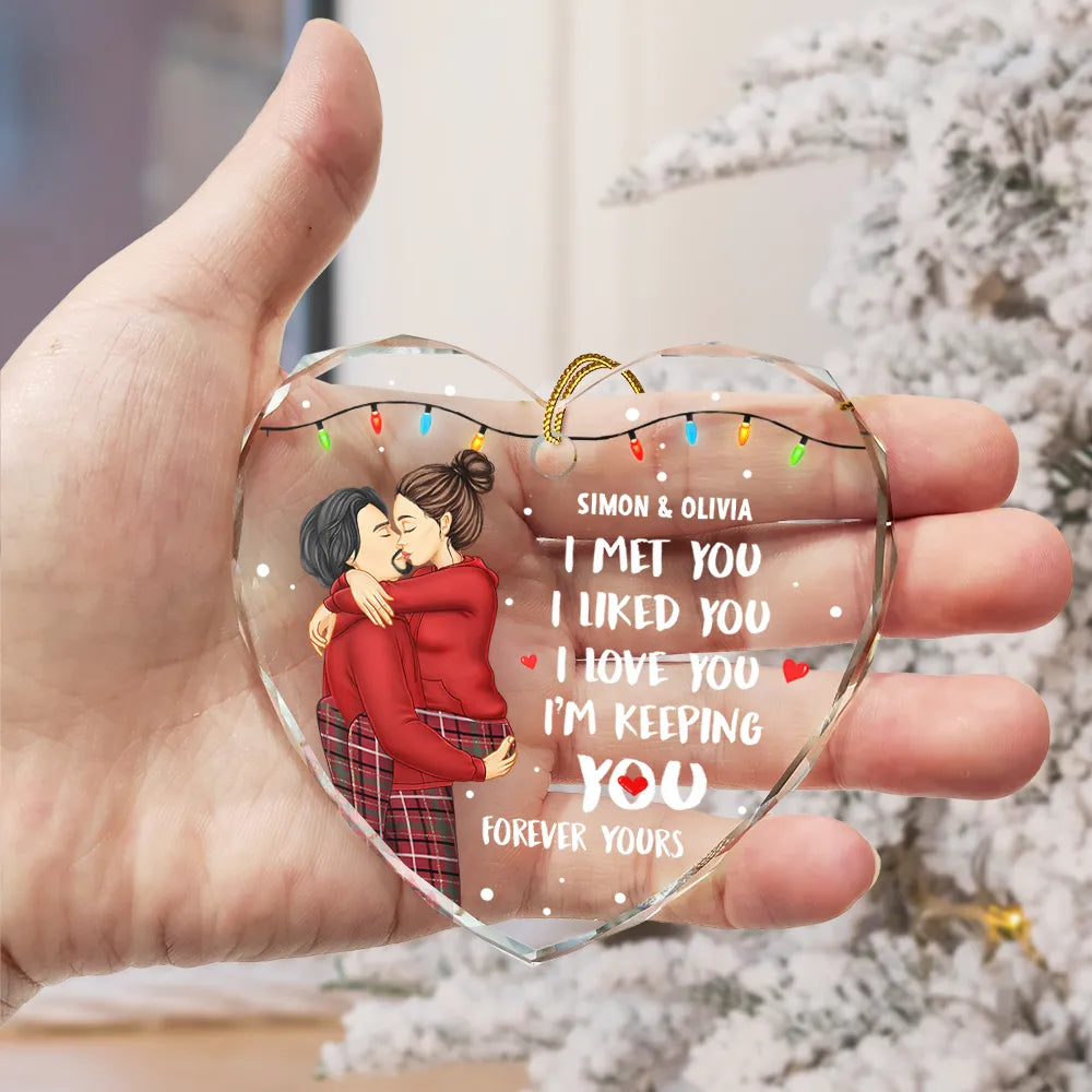 Christmas,Gift For Couples,Gift For Husband,Gift For Wife,Gift For Boyfriend,Gift For Girlfriend,Happy - Christmas Couple Kissing Forever Yours - Personalized Heart Shaped Glass Ornament