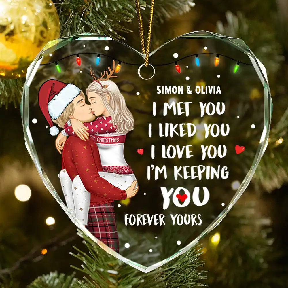 Christmas,Gift For Couples,Gift For Husband,Gift For Wife,Gift For Boyfriend,Gift For Girlfriend,Happy - Christmas Couple Kissing Forever Yours - Personalized Heart Shaped Glass Ornament
