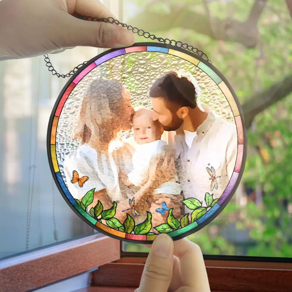 Gift For Couples,Gift For Husband,Gift For Wife,Gift For Boyfriend,Gift For Girlfriend,Gift For Mother,Gift For Father,Family,Gift For Bestie,Love - Custom Photo Watercolor Couple Family Besties - Personalized Stained Glass Window Hanging Suncatcher