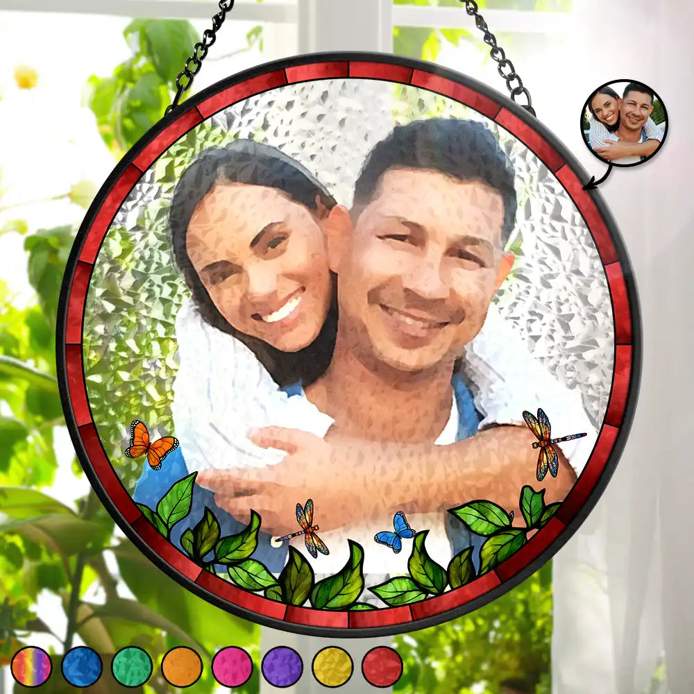 Custom Photo Watercolor Couple Family Besties - Personalized Stained Glass Window Hanging Suncatcher