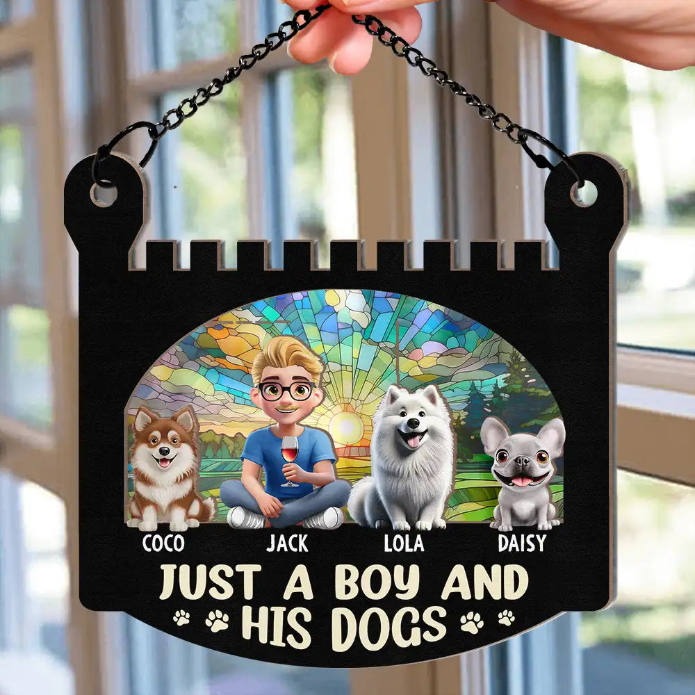 Dog Lovers,Dog Mom,Dog Dad,Pet Lovers,Pet Mom,Pet Dad,Happy,Gift For Kids - Just A Girl And Her Dog - Personalized Window Hanging Suncatcher Ornament