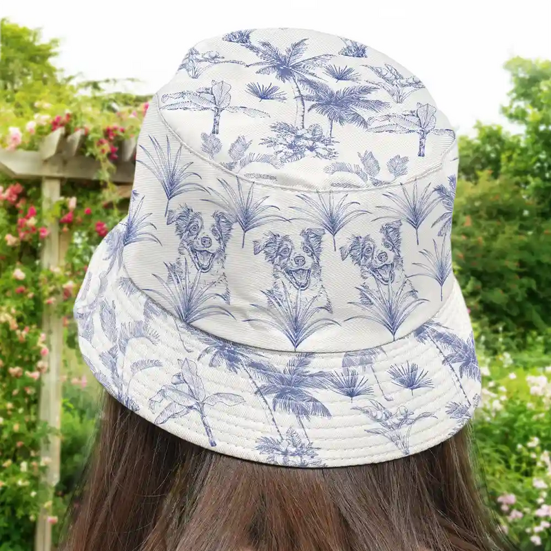Gift For Yourself,Gift For Women,Gift For Men,Pet Lovers,Dog Lovers,Cat Lovers,Dog Mom,Dog Dad,Cat Mom,Cat Dad,Pet Mom,Pet Dad,Summer - Custom Photo Pencil Drawing Toile De Jouy Pattern Family Pet - Personalized Bucket Hat