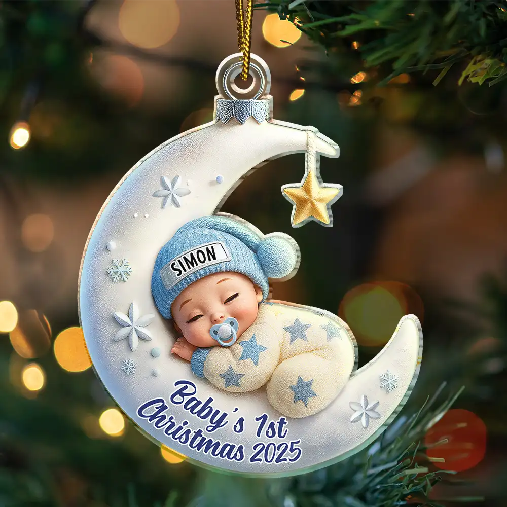 Christmas,New baby,New Dad,New Mom -  Baby Sleeping On The Moon First Christmas 3D Effect - Personalized Custom Shaped Acrylic Ornament