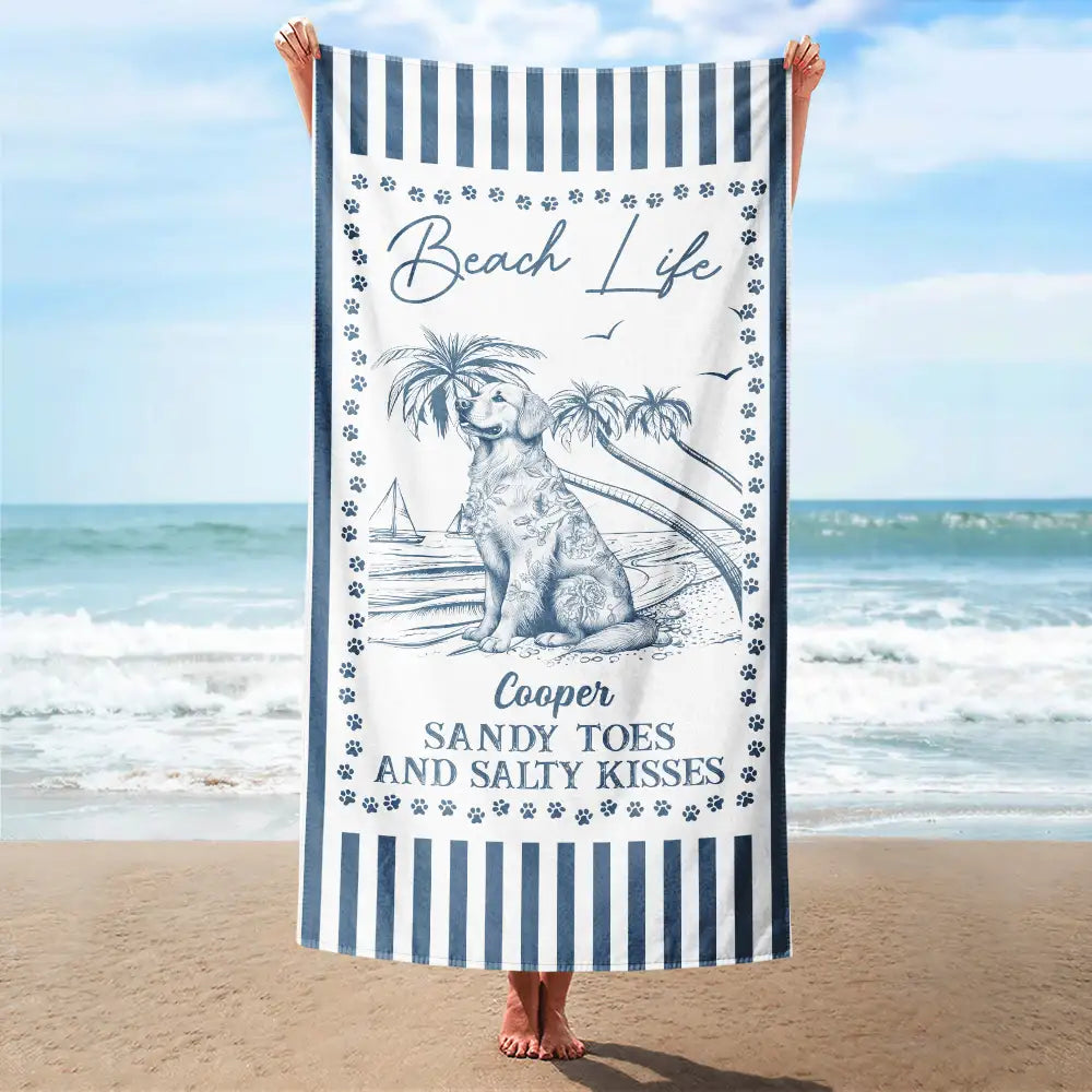 Dog Lovers,Funny - Summer Toile Dog Lover Beach Life Sandy Toes And Salty Kisses - Personalized Beach Towel