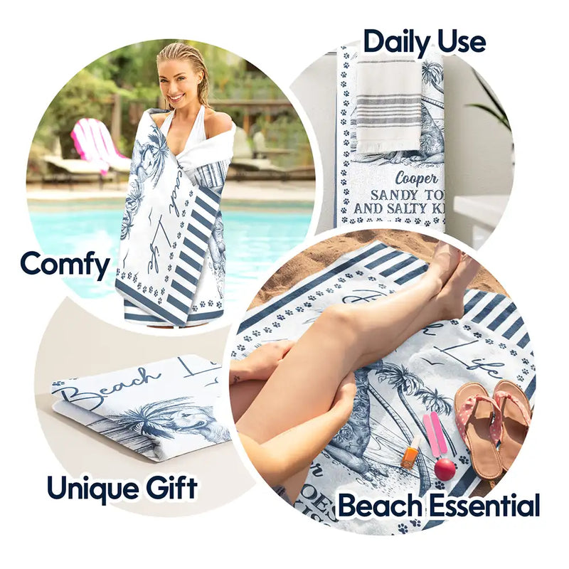 Dog Lovers,Funny - Summer Toile Dog Lover Beach Life Sandy Toes And Salty Kisses - Personalized Beach Towel
