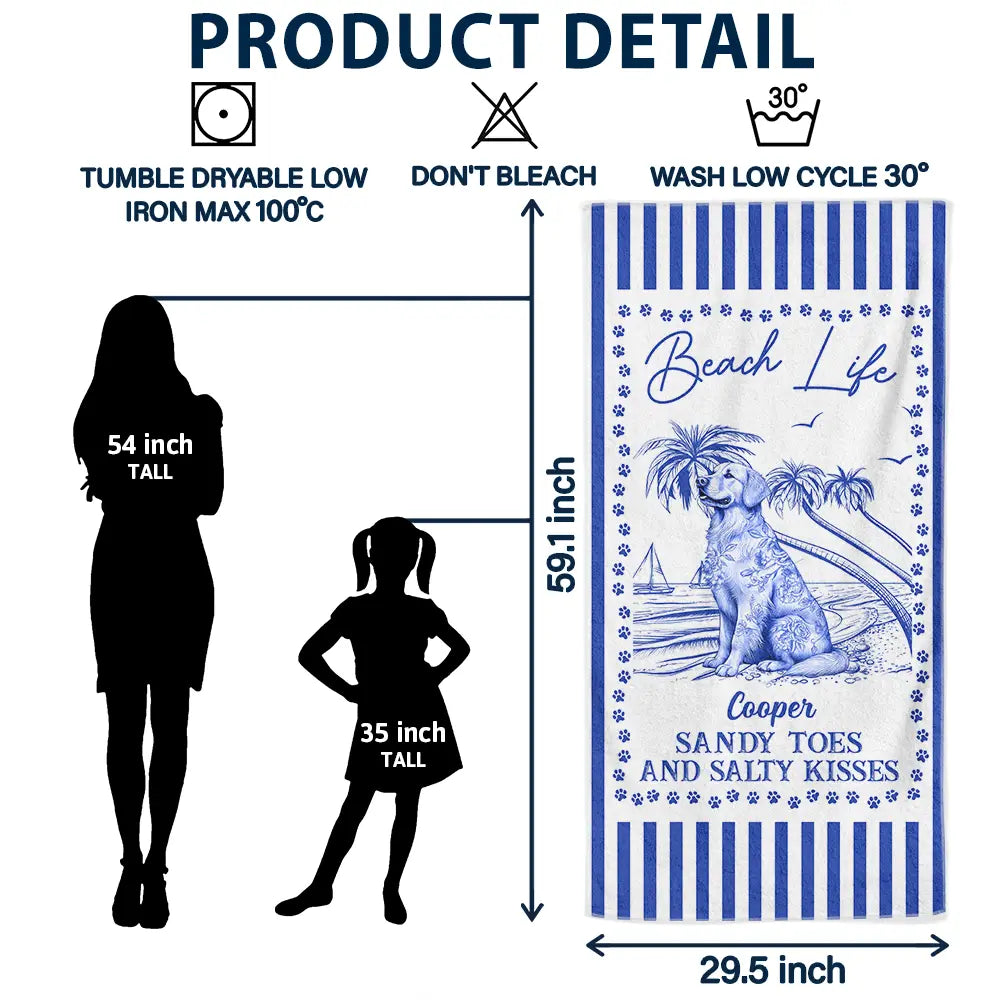 Dog Lovers,Funny - Summer Toile Dog Lover Beach Life Sandy Toes And Salty Kisses - Personalized Beach Towel