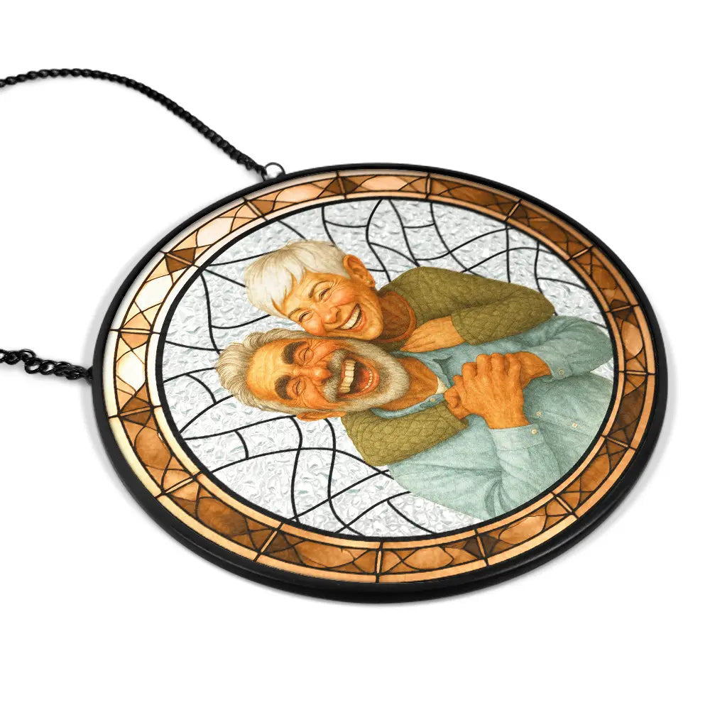 Gift For Wife,Gift For Husband,Gift For Couples,Gift For Girlfriend,Gift For Boyfriend,Funny,Family,Gift For Sibling - Custom Photo Caricature Funny Couple Family - Personalized Stained Glass Window Hanging Suncatcher