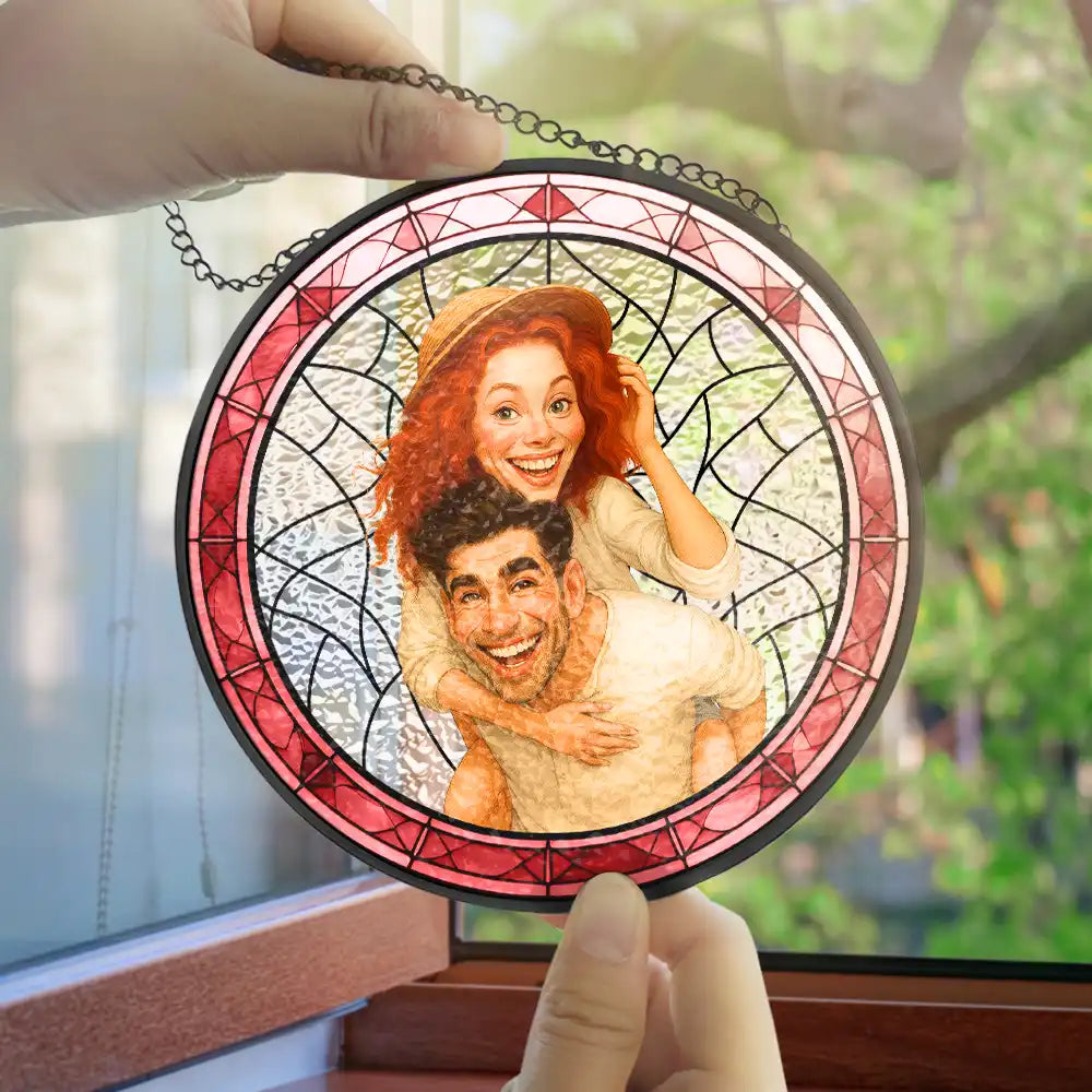 Gift For Wife,Gift For Husband,Gift For Couples,Gift For Girlfriend,Gift For Boyfriend,Funny,Family,Gift For Sibling - Custom Photo Caricature Funny Couple Family - Personalized Stained Glass Window Hanging Suncatcher