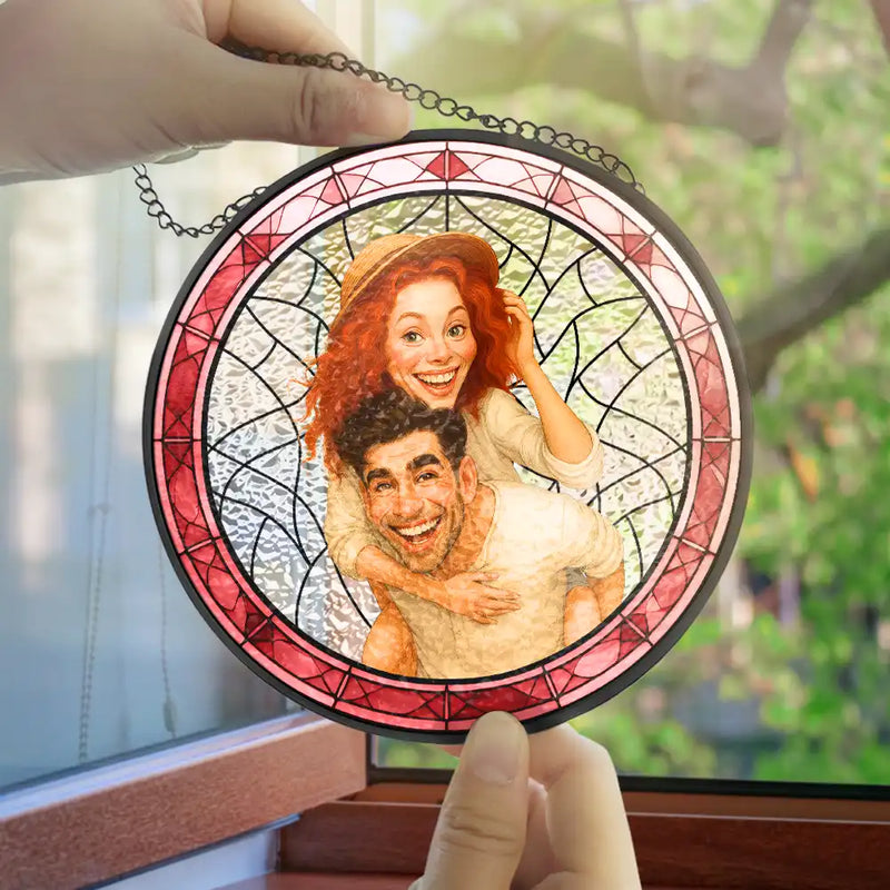 Gift For Wife,Gift For Husband,Gift For Couples,Gift For Girlfriend,Gift For Boyfriend,Funny,Family,Gift For Sibling - Custom Photo Caricature Funny Couple Family - Personalized Stained Glass Window Hanging Suncatcher
