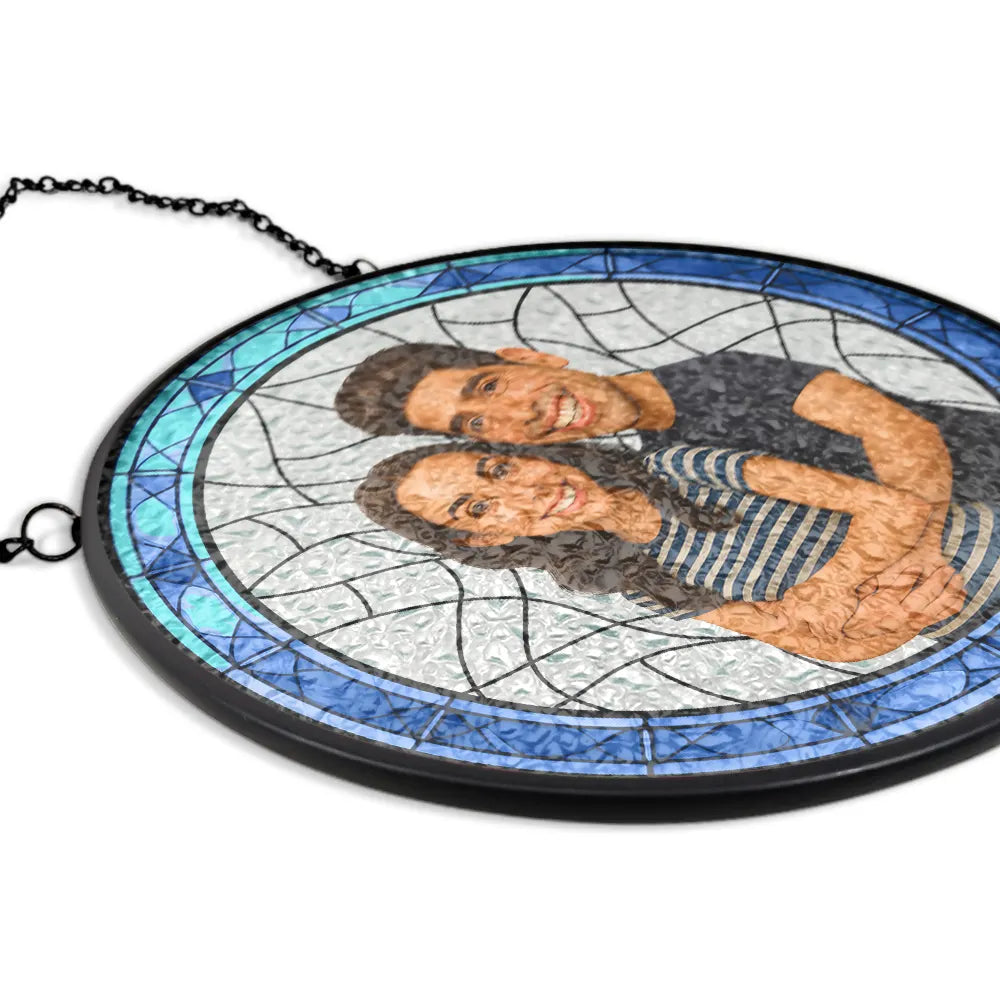 Gift For Wife,Gift For Husband,Gift For Couples,Gift For Girlfriend,Gift For Boyfriend,Funny,Family,Gift For Sibling - Custom Photo Caricature Funny Couple Family - Personalized Stained Glass Window Hanging Suncatcher