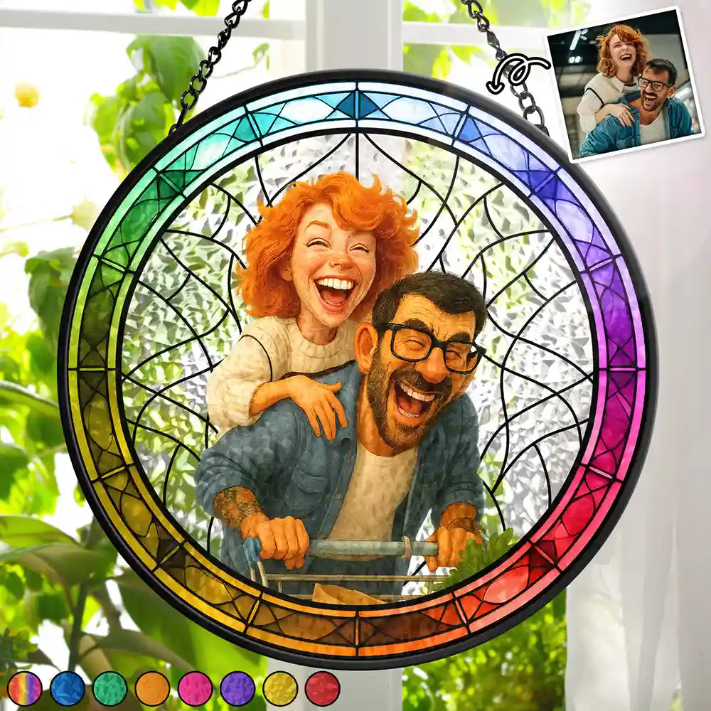 Gift For Wife,Gift For Husband,Gift For Couples,Gift For Girlfriend,Gift For Boyfriend,Funny,Family,Gift For Sibling - Custom Photo Caricature Funny Couple Family - Personalized Stained Glass Window Hanging Suncatcher
