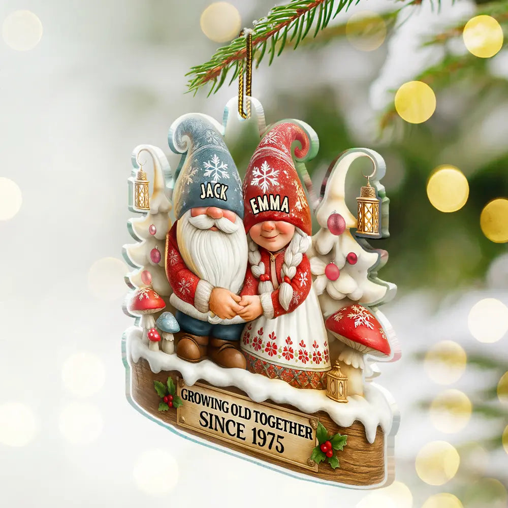 Christmas,Gift For Couples,Old Couples,Gift For Husband,Gift For Wife,Happy - 3D Effect Gnome Couple Growing Old Together - Personalized Custom Shaped Acrylic Ornament