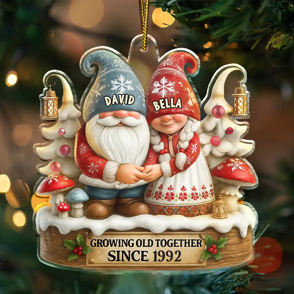 Christmas,Gift For Couples,Old Couples,Gift For Husband,Gift For Wife,Happy - 3D Effect Gnome Couple Growing Old Together - Personalized Custom Shaped Acrylic Ornament