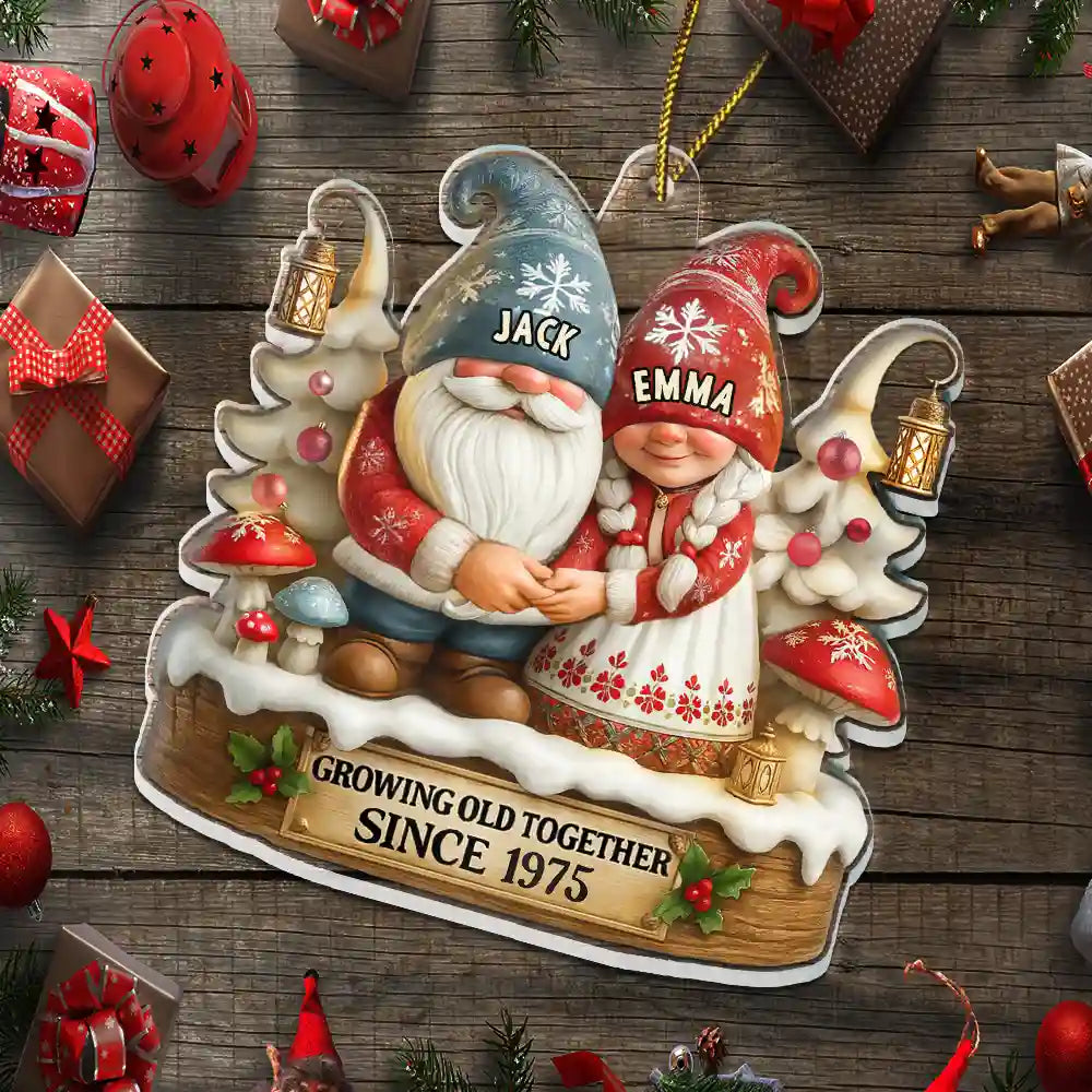 Christmas,Gift For Couples,Old Couples,Gift For Husband,Gift For Wife,Happy - 3D Effect Gnome Couple Growing Old Together - Personalized Custom Shaped Acrylic Ornament