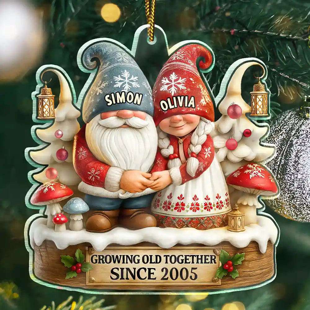 Christmas,Gift For Couples,Old Couples,Gift For Husband,Gift For Wife,Happy - 3D Effect Gnome Couple Growing Old Together - Personalized Custom Shaped Acrylic Ornament